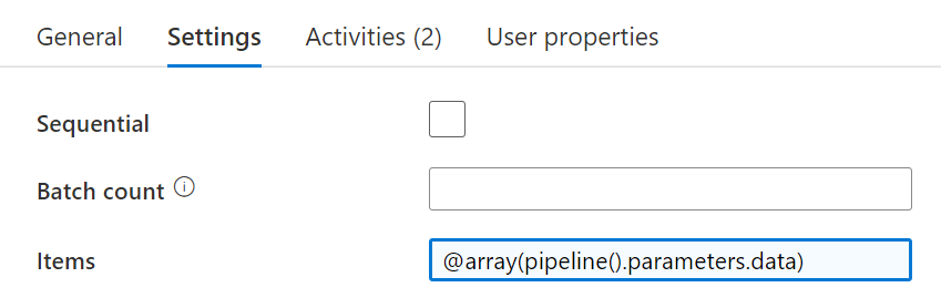 Screenshot of the data factory interface showing the settings tab. The items box contains the string '@array(pipeline().parameters.data'.