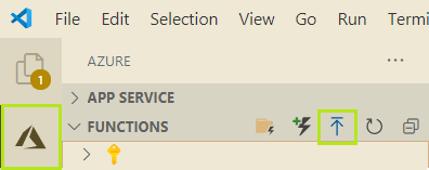 a screenshot of Visual Studio Code, with the Azure Functions extension and deploy to azure buttons highlighted