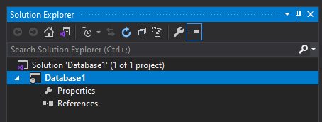 A screenshot of the solution explorer in visual studio. There are navigation buttons across the top to view the files in different ways. The empty database solution called 'Database1' is present, with 'Properties' and 'References' as child options of the project.