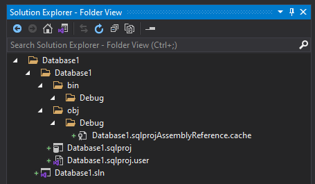 Similar to the previous screenshot, this now shows the folder view of the newly created database project. It displays the underlying files that make up the solution. The files are: Database1.sln, Database1.sqlproj, Database1.sqlproj.user, Database1.sqlprojAssemblyReference.cache. These files are discussed in more detail in the next part of the blog.
