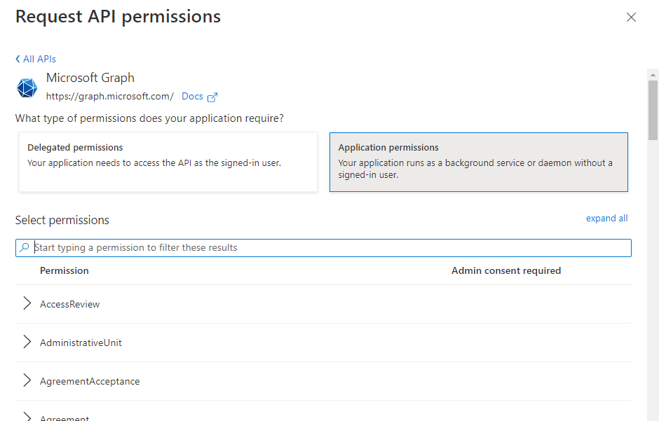 Screenshot of the 'Request API permissions' blade in Azure Active Directory. Microsoft Graph API anbd Application permissions are selected in the blade. A list of potential permissions are listed below. The list reads: AccessReview, AdministrativeUnit, AgreementAcceptance, Agreement.