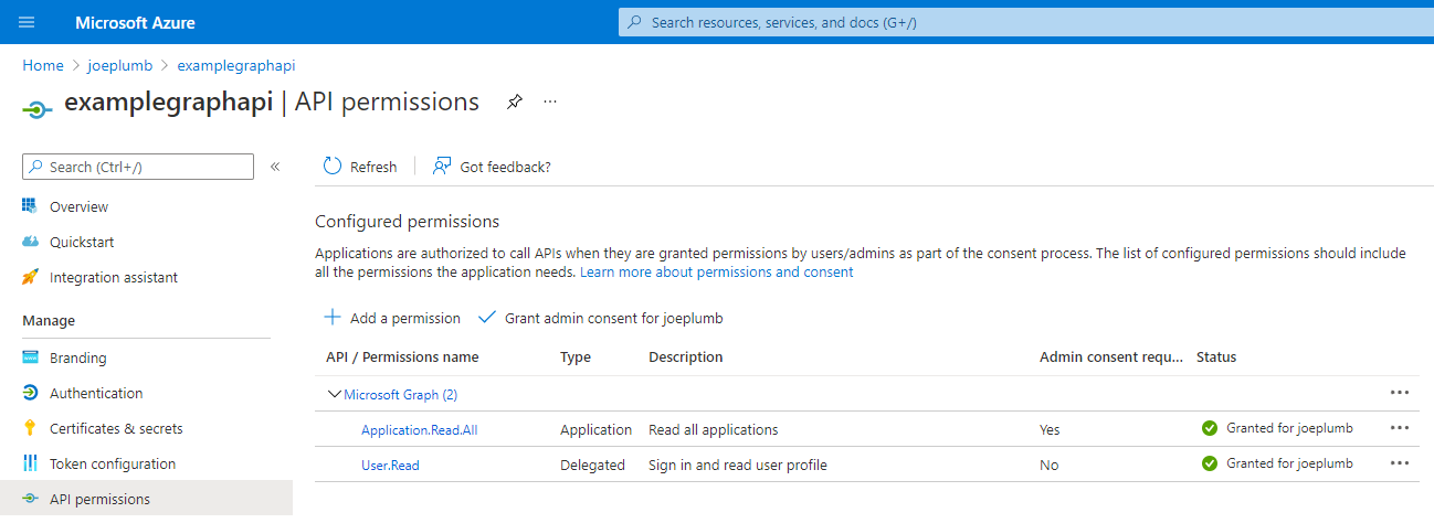 Screenshot of the 'examplegraphapi' service principal in the joeplumb Azure Active Directoy tenant. The screenshot shows the configured permissions for the service principal, which includes 'Application.Read.All' and 'User.Read'.